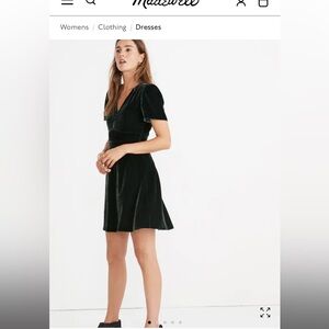 Madewell Short Velvet V‑Neck Mini Dress in Dark Green